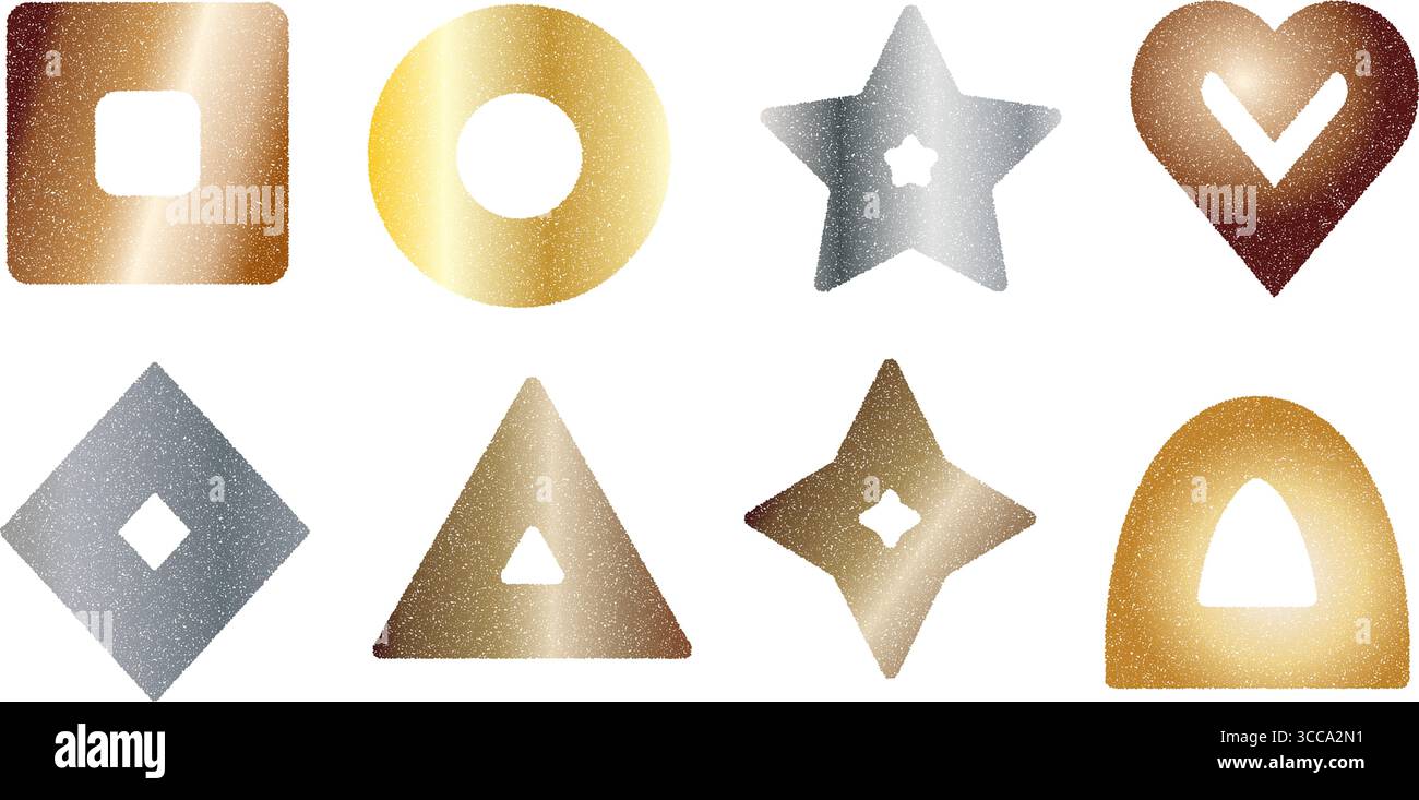 Metal colors geometric shapes set. Grainy noise textured frame elements. Triangle, square and heart silver and golden icons. Vector grunge stickers. B Stock Vector