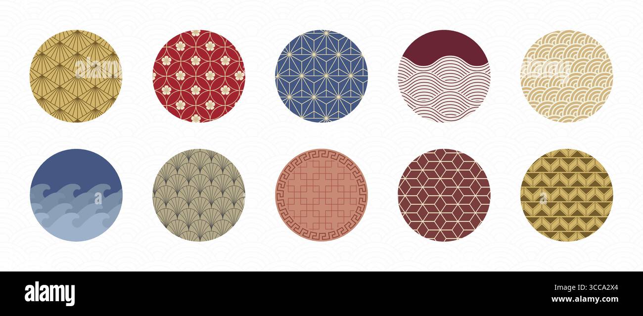 Japanese tradition circle set with various geometric and nature patterns. Decorative oriental elements for Asian designs, packaging or textiles projects. Classic motifs in modern circular format. Stock Vector