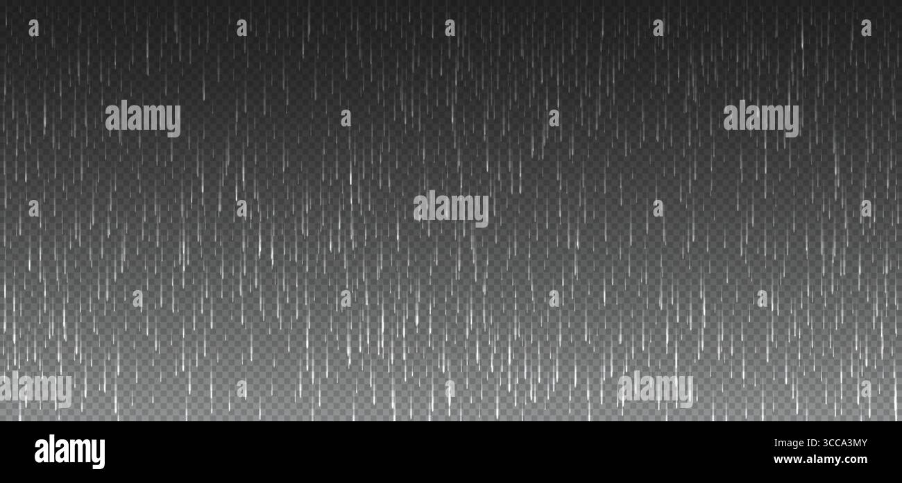 Rain fall texture isolated on transparent backdrop. Vertical vector lines of rain downpour effect Stock Vector