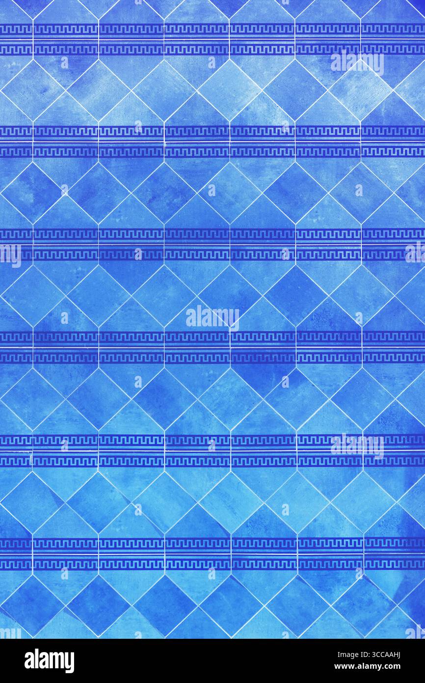 Blue ceramic tiles with Greek pattern as abstract background, vertical image Stock Photo