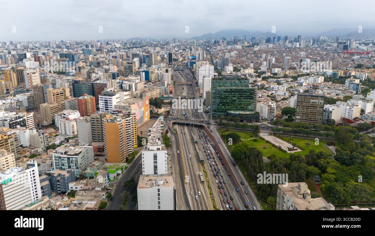 Drone view of Lima, Peru, coastal cityscape, historic center, modern skyline, Pacific coastline Stock Photo