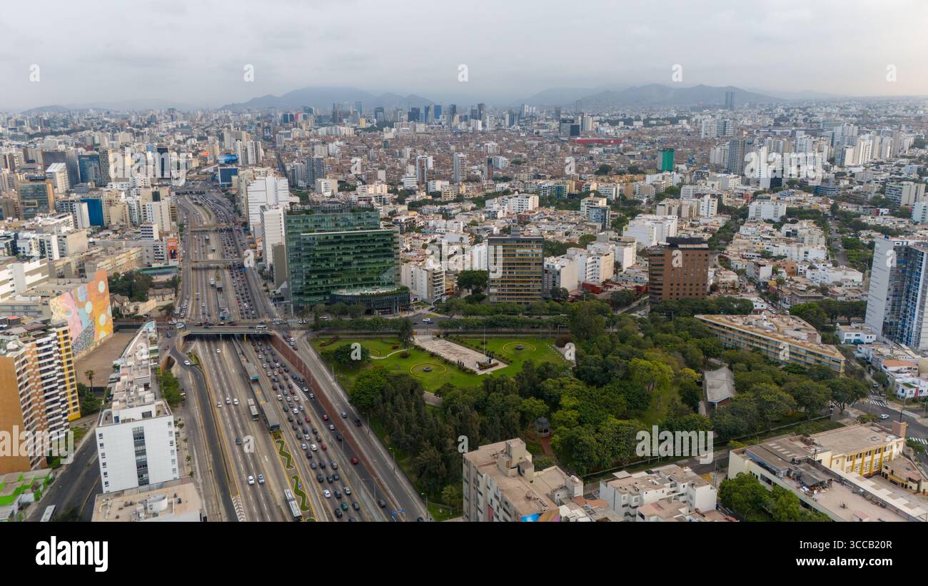 Drone view of Lima, Peru, coastal cityscape, historic center, modern skyline, Pacific coastline Stock Photo
