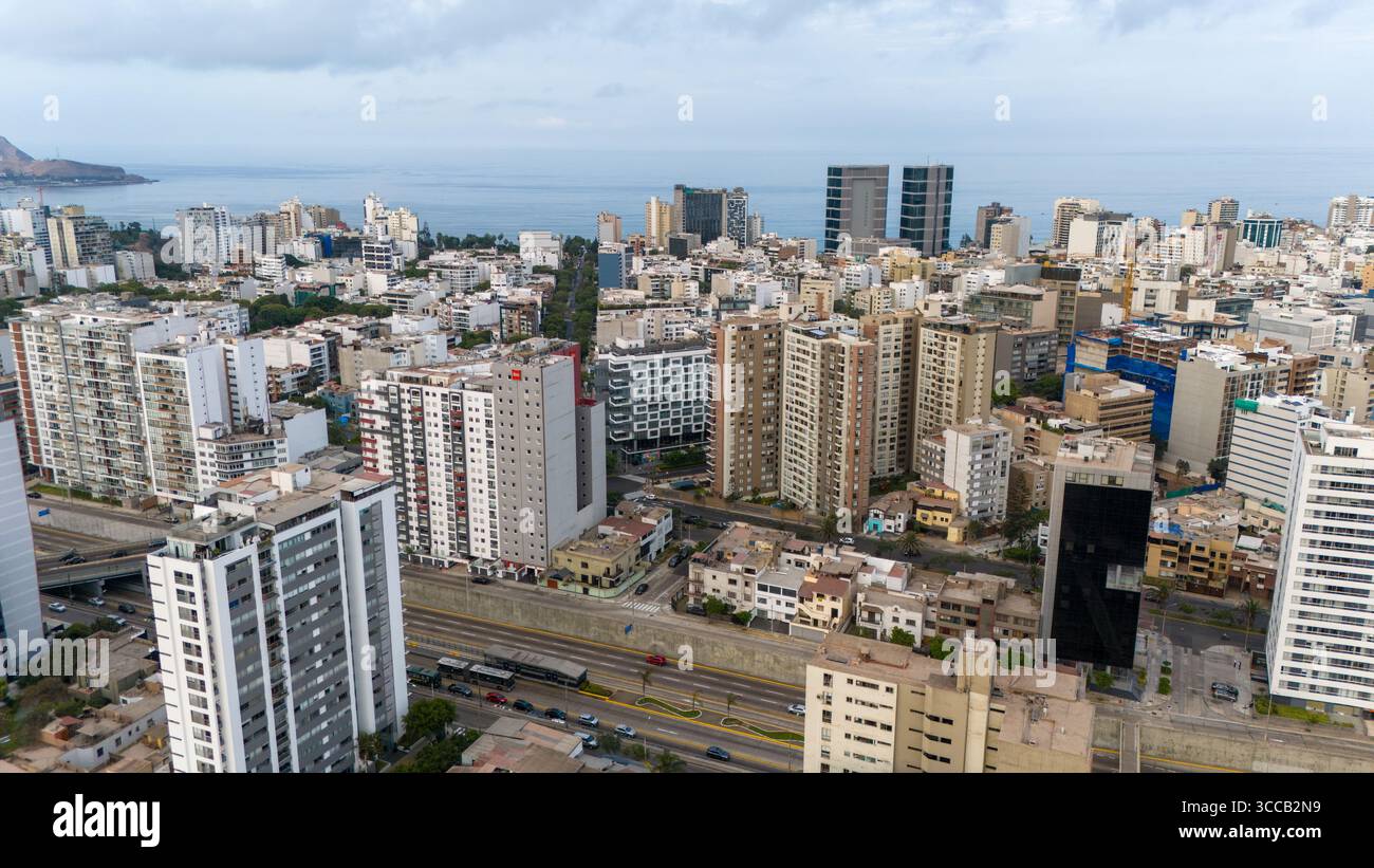 Drone view of Lima, Peru, coastal cityscape, historic center, modern skyline, Pacific coastline Stock Photo