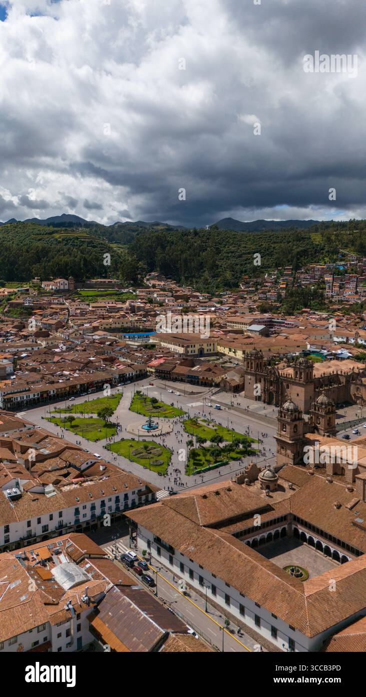 Drone view of Cusco, Peru, historic city center, Andes mountains, colonial & Inca architecture Stock Photo