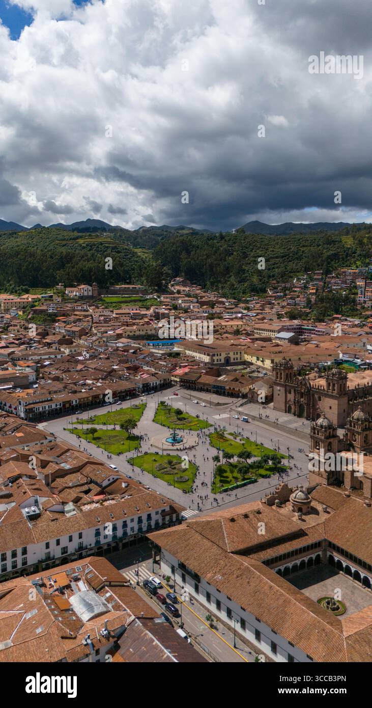 Drone view of Cusco, Peru, historic city center, Andes mountains, colonial & Inca architecture Stock Photo