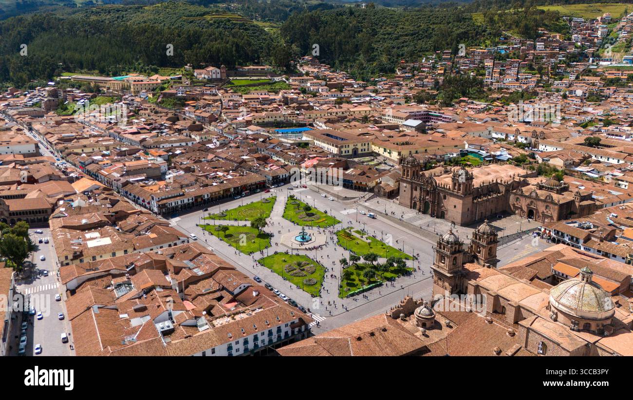 Drone view of Cusco, Peru, historic city center, Andes mountains, colonial & Inca architecture Stock Photo