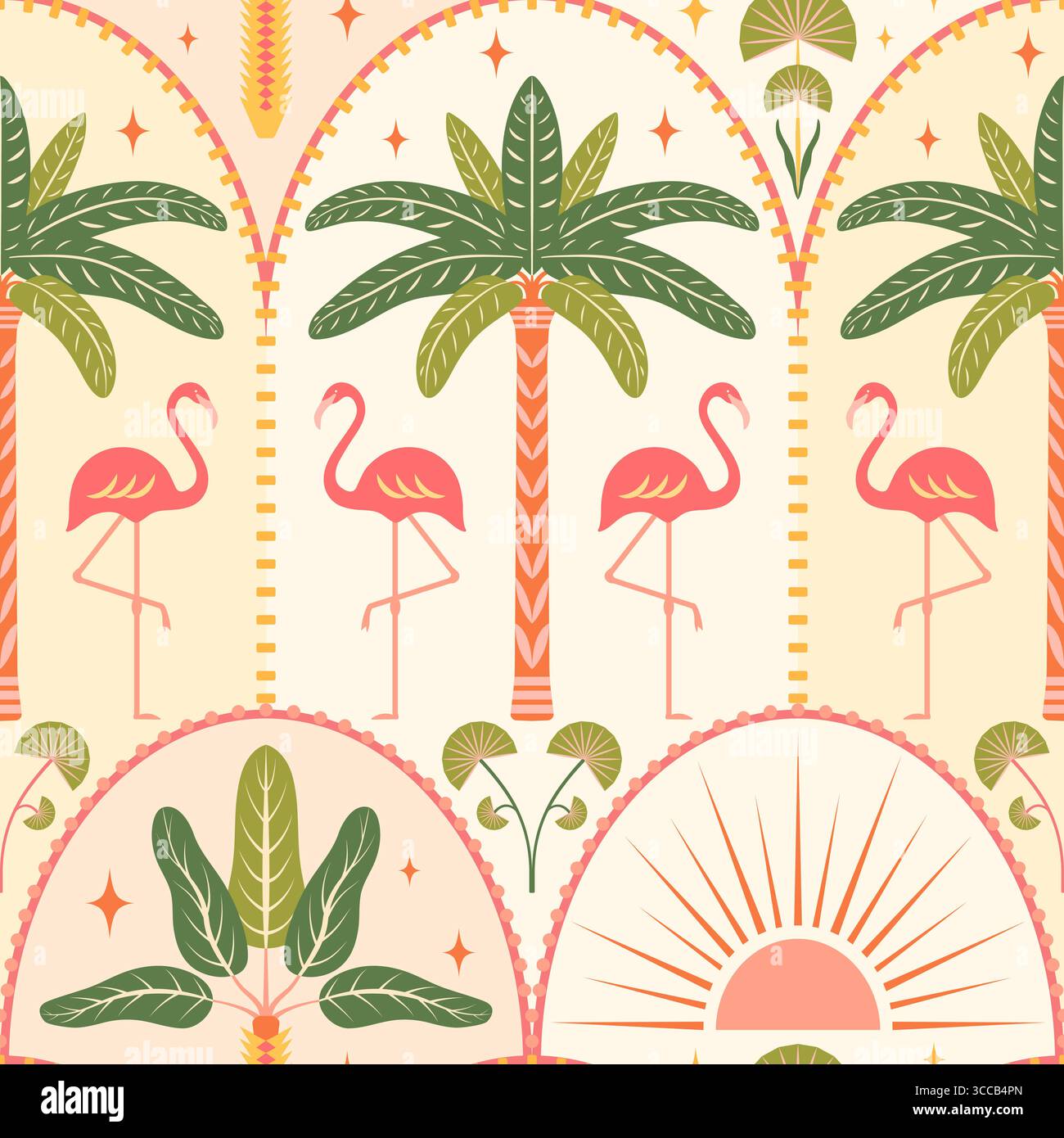 Tropical beach seamless pattern vector illustration. Flamingos, palm trees, sun in Art deco arches on a light background. Summer island vacation vibes Stock Vector