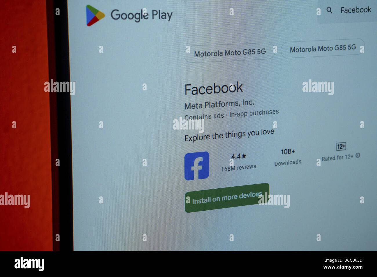 Google Play Store page displaying Facebook app details on screen Stock ...