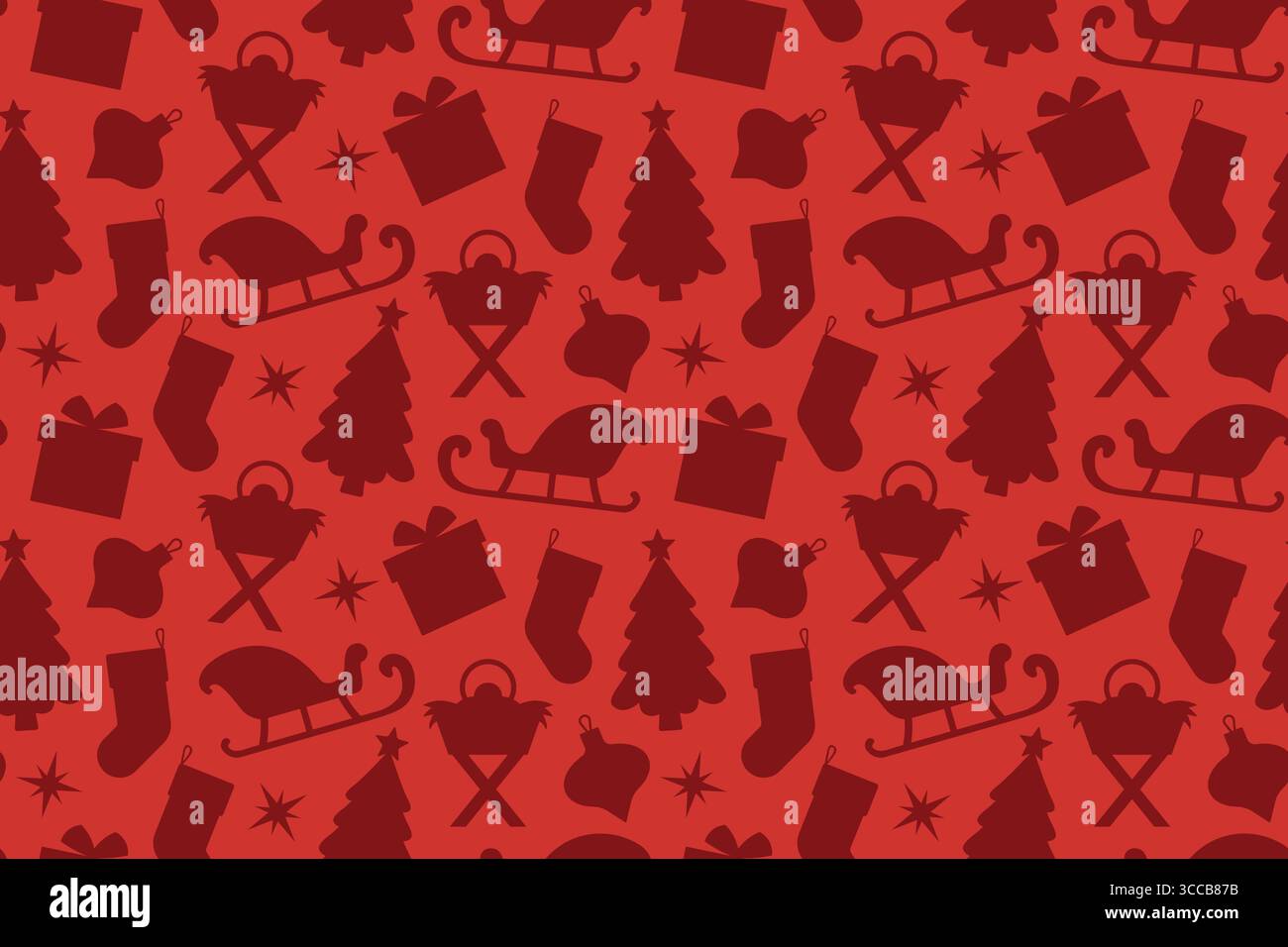 red seamless christmas pattern with present, tree with star, stocking, nativity scene, santa sleigh, bauble and star icons - vector illustration Stock Vector