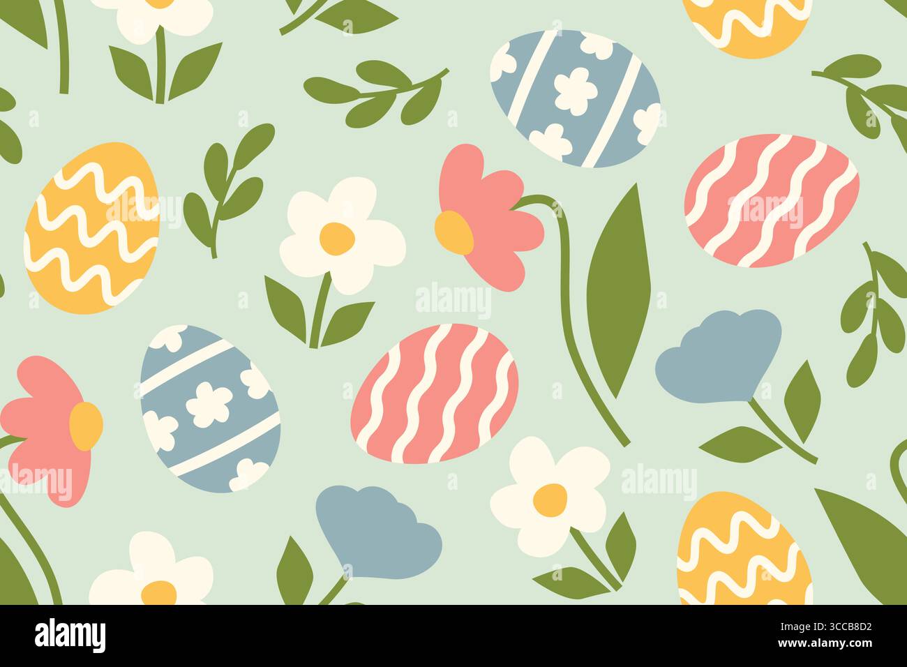 spring, easter seamless pattern with flowers and decorated eggs- vector illustration Stock Vector