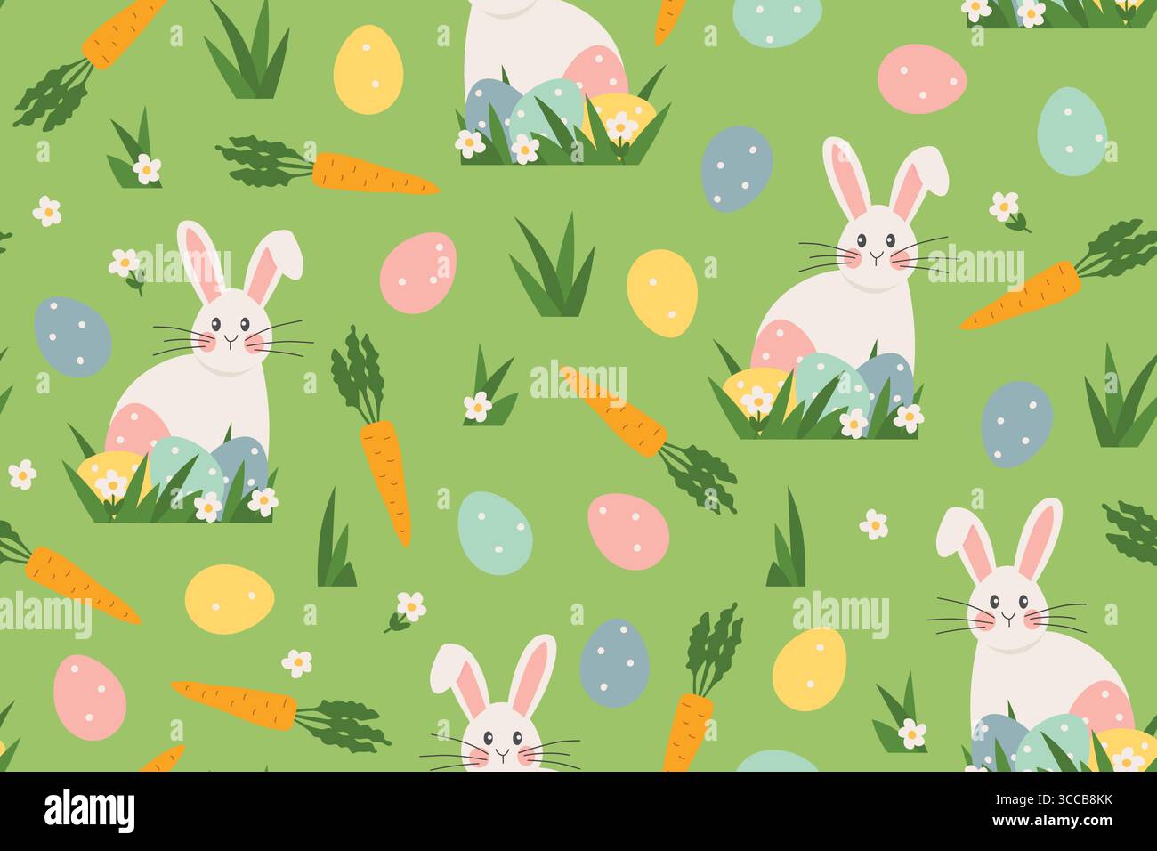 seamless easter pattern with rabbits, carrots, eggs, grass and daisy flowers - vector illustration Stock Vector