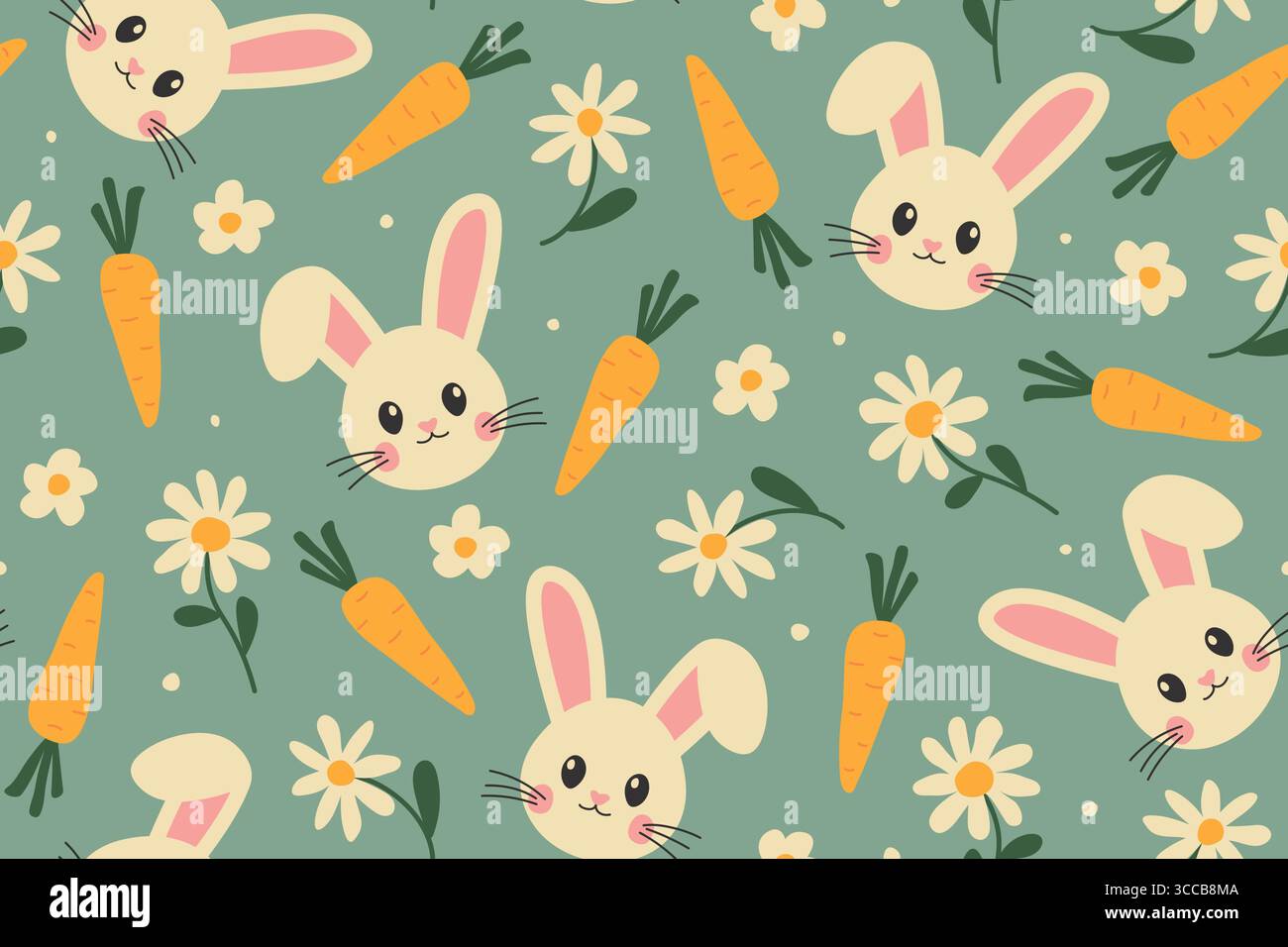 seamless easter pattern with rabbits, carrots and daisy flowers - vector illustration Stock Vector