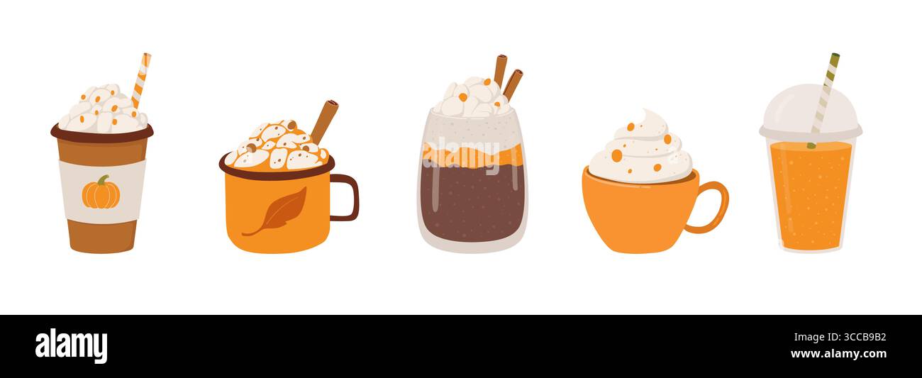 Set of different autumn and winter drinks vector illustration. Mug with cappucino, pumpkin latte, hot chocolate, cacao, smoothie. Cartoon icons in han Stock Vector
