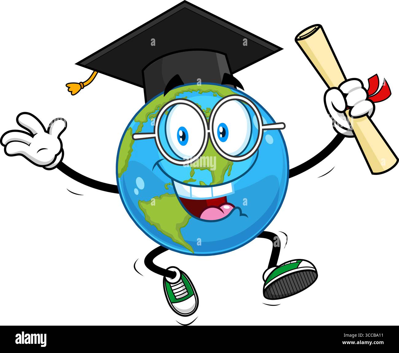 School Earth Globe Cartoon Character Jumping With Graduation Cap And ...