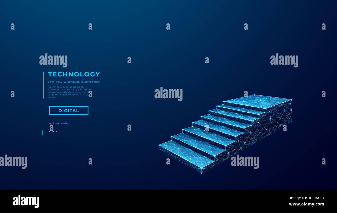 Digital staircase in low poly wireframe style. Career growth metaphor ...