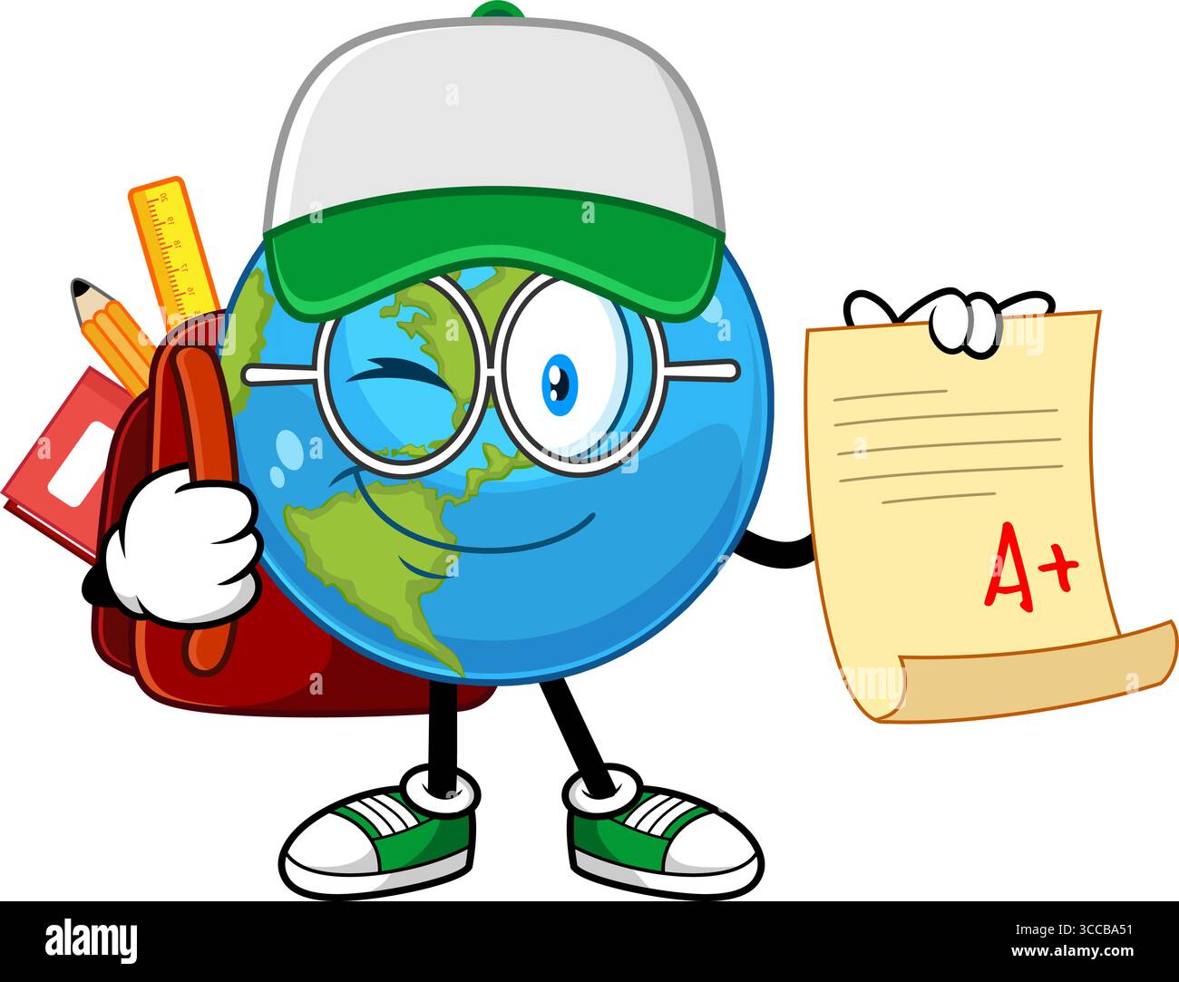 School Earth Globe Cartoon Character Holding A+ Paper Report Card And ...