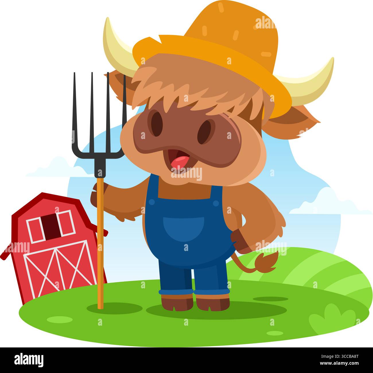 Cute Highland Cow Farmer Cartoon Character Carrying A Rake. Vector ...