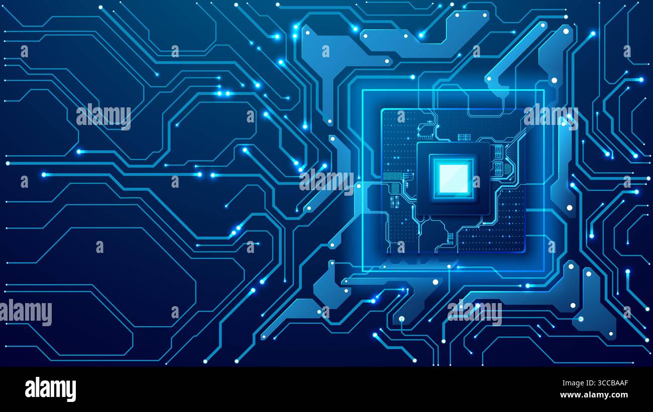 Futuristic AI chip on a circuit board on a technology background ...