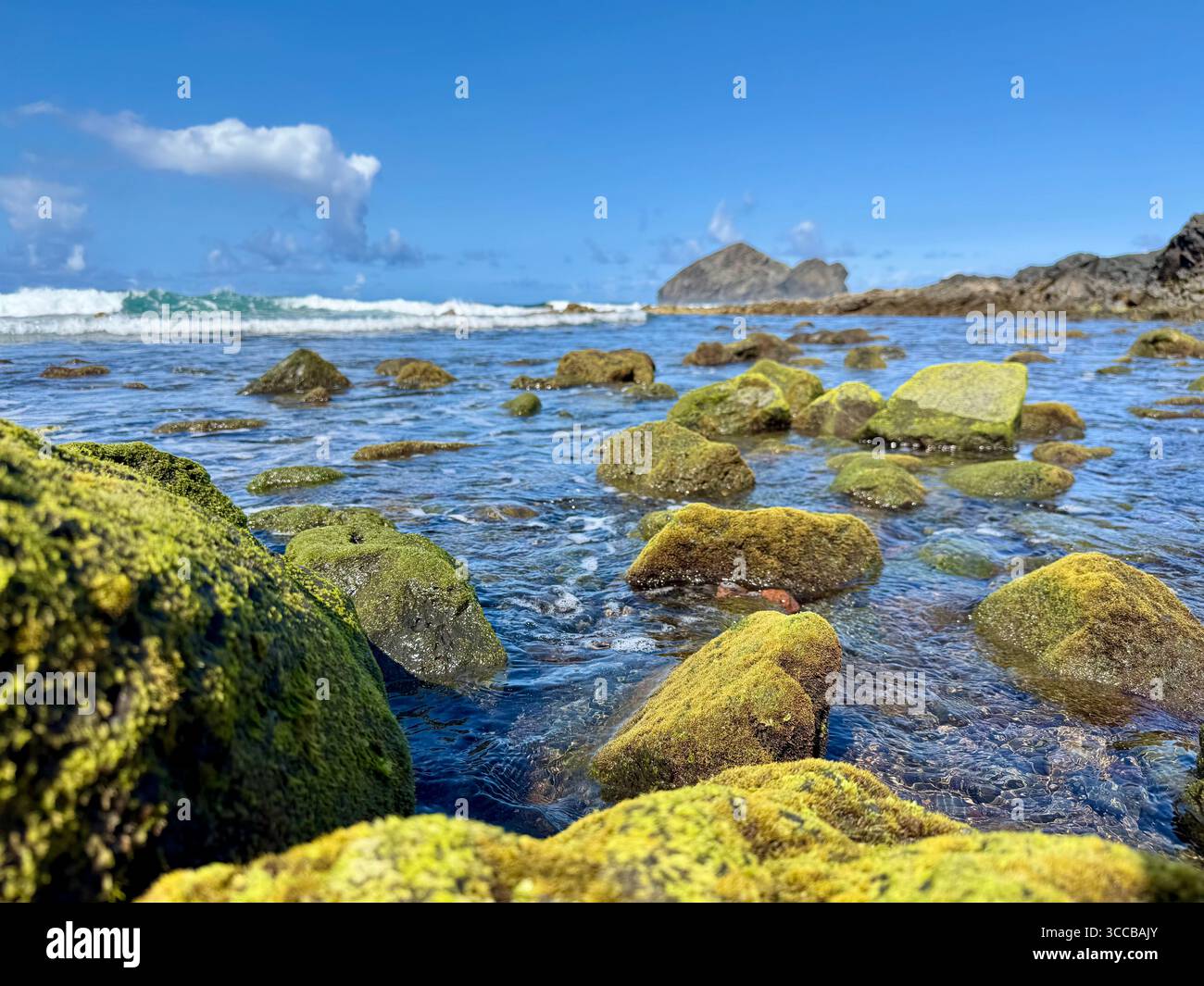 Low tide at Mosteiros Beach, Azores, Portugal, with green volcanic rocks and the famous Mosteiros islets in the distance. - Smartphone Captured Stock Image