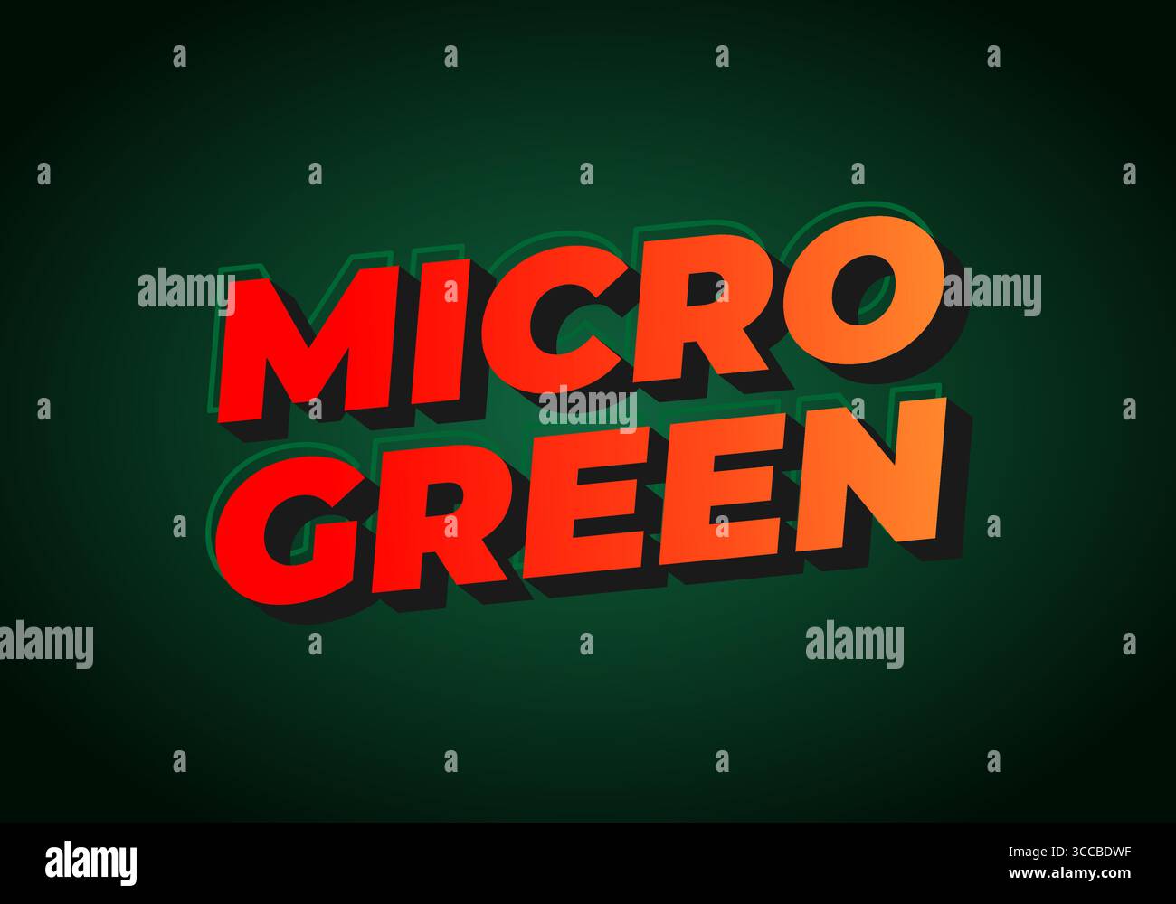 Stylized text reading MICRO GREEN in bold, colorful typography against a dark green background. The letters have a 3D effect with a gradient from red Stock Vector