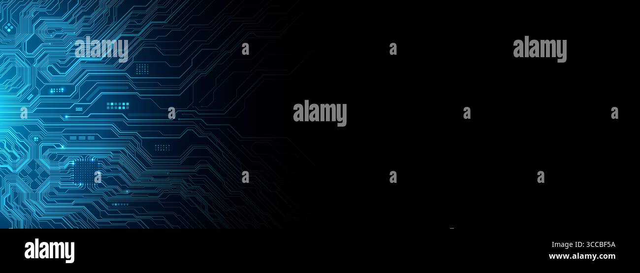 Circuit board on technology blue background. Horizontal web banner Stock Vector