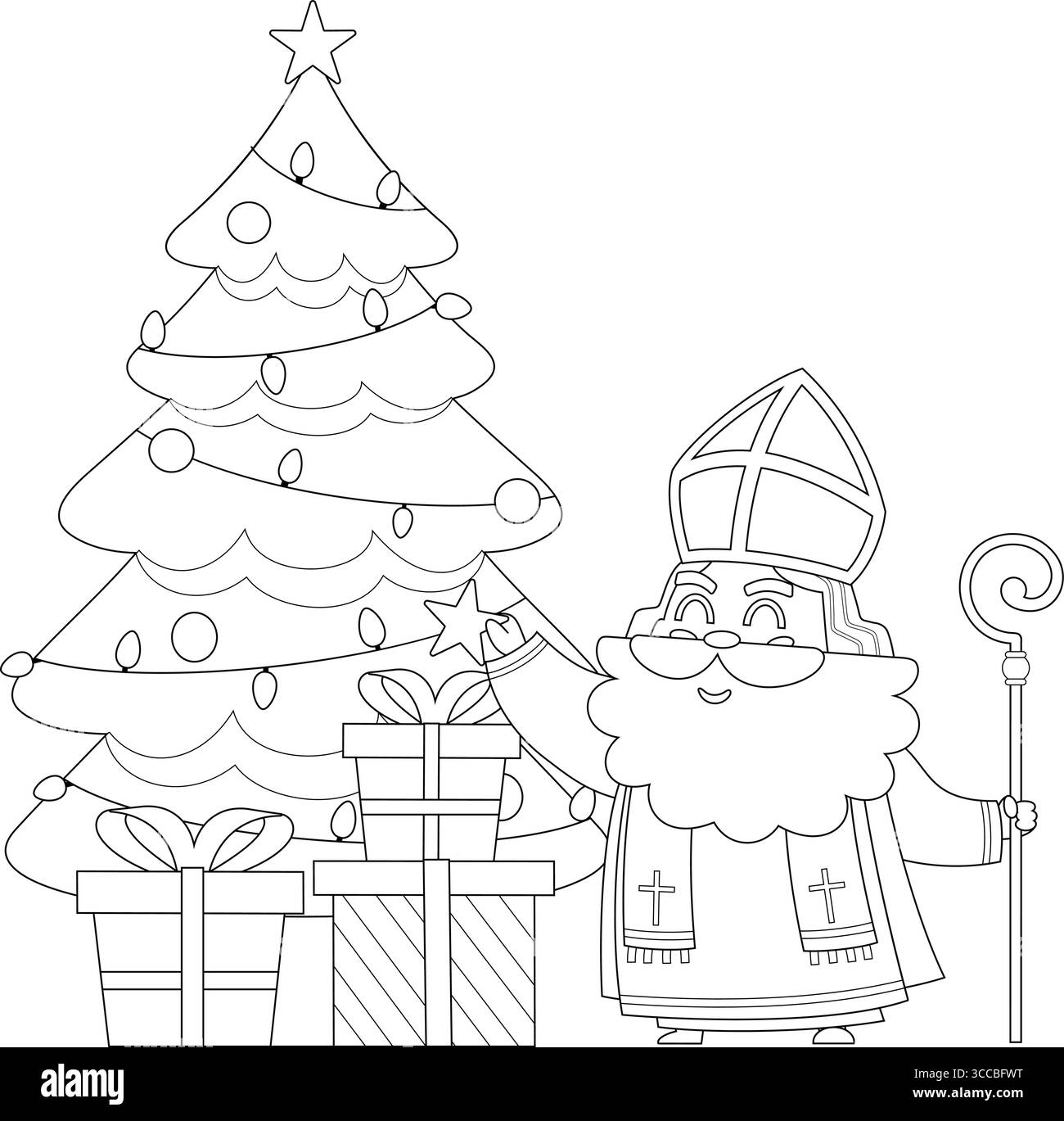 Outlined Cute Saint Nicholas or Sinterklaas Cartoon Character Putting A Star On Christmas Tree With Gift Boxes. Vector Hand Drawn Illustration Stock Vector