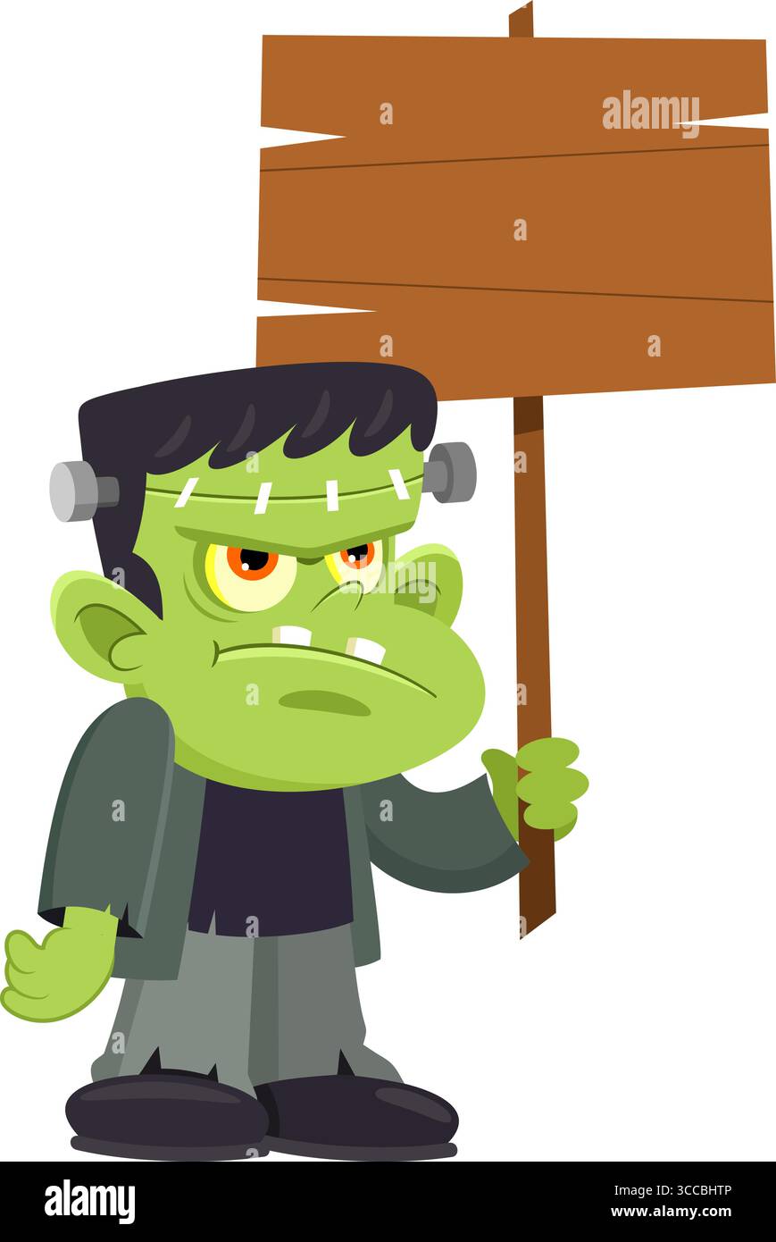 Cute Halloween Frankenstein Cartoon Character Holding A Wooden Blank ...