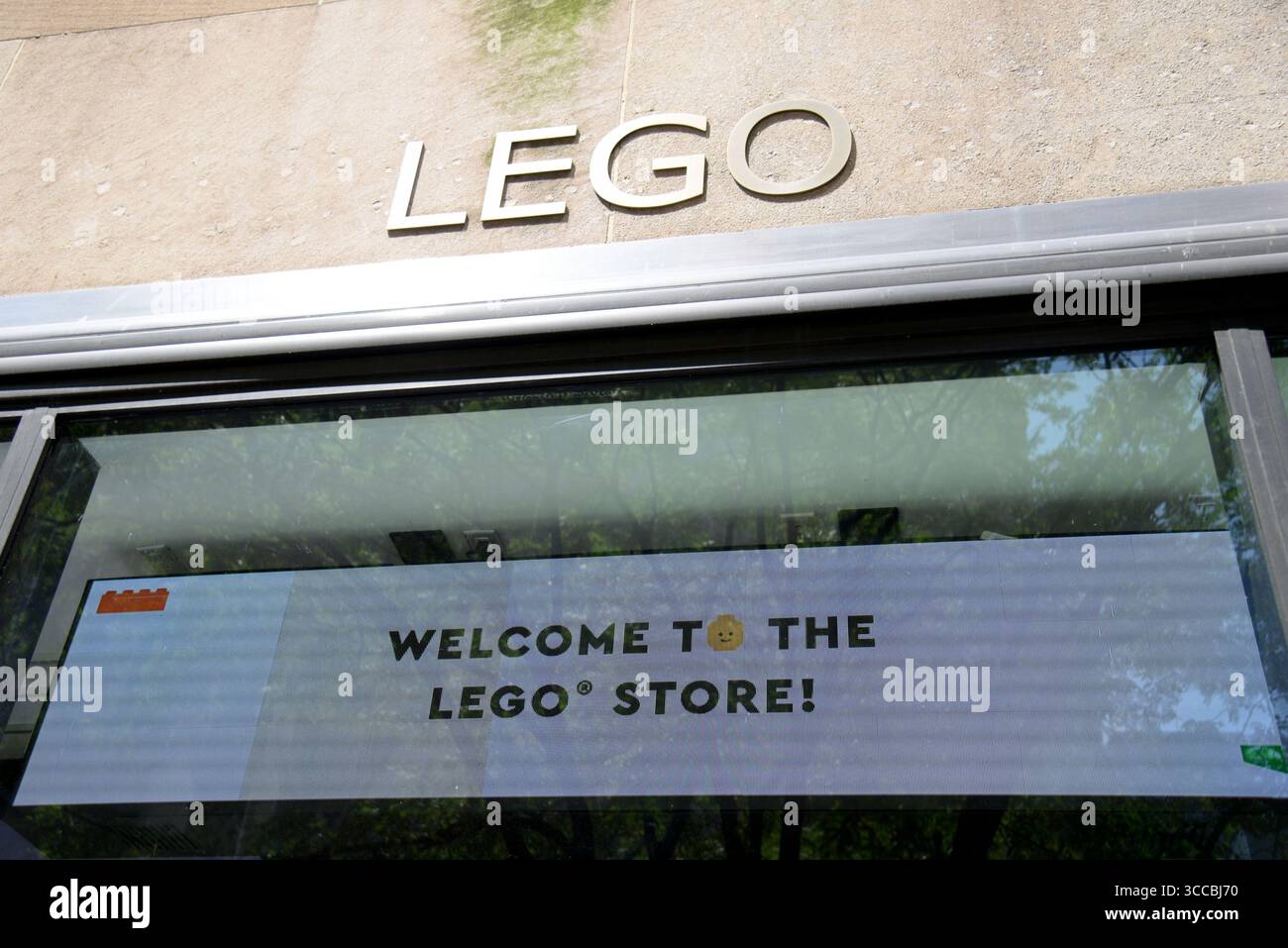 Lego brand signage is displayed in New York, NY, August 10, 2025 ...