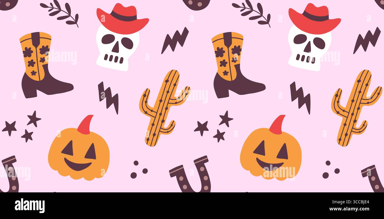 Halloween Cowboy Skull Western Seamless Pattern Stock Vector