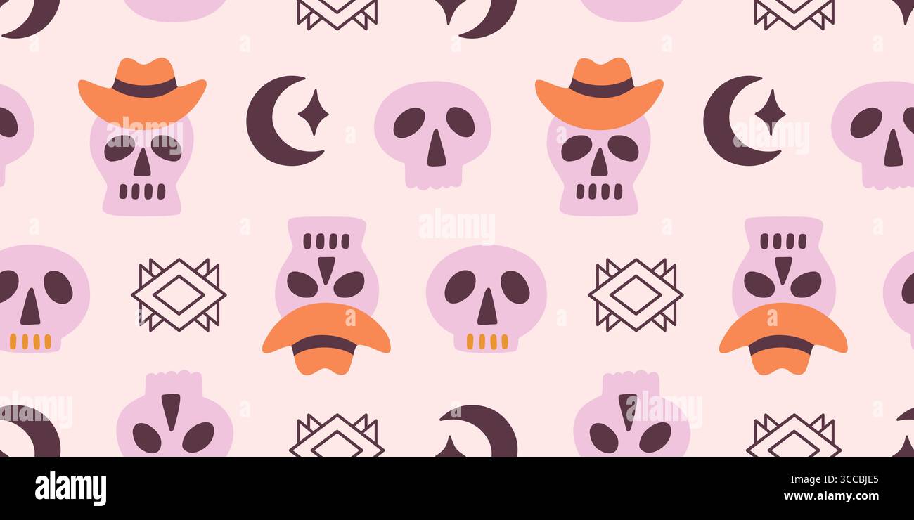 Halloween Cowboy Skull Western Seamless Pattern Stock Vector