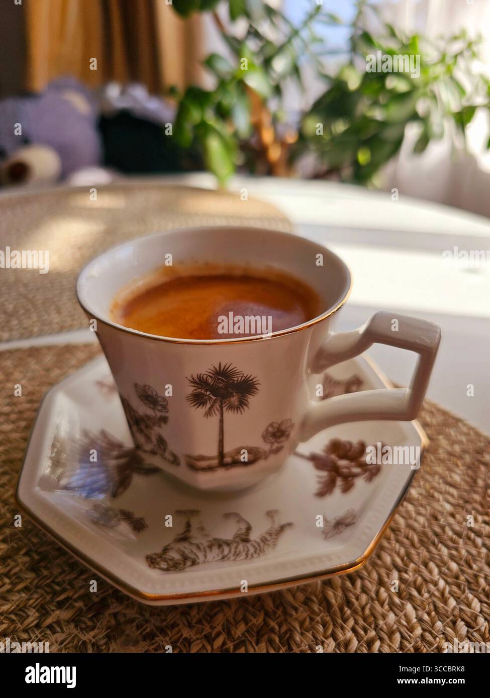 The perfect morning is by the sea side in the sunny morning with a freshly grounded esspresso coffee. - Smartphone Captured Stock Image