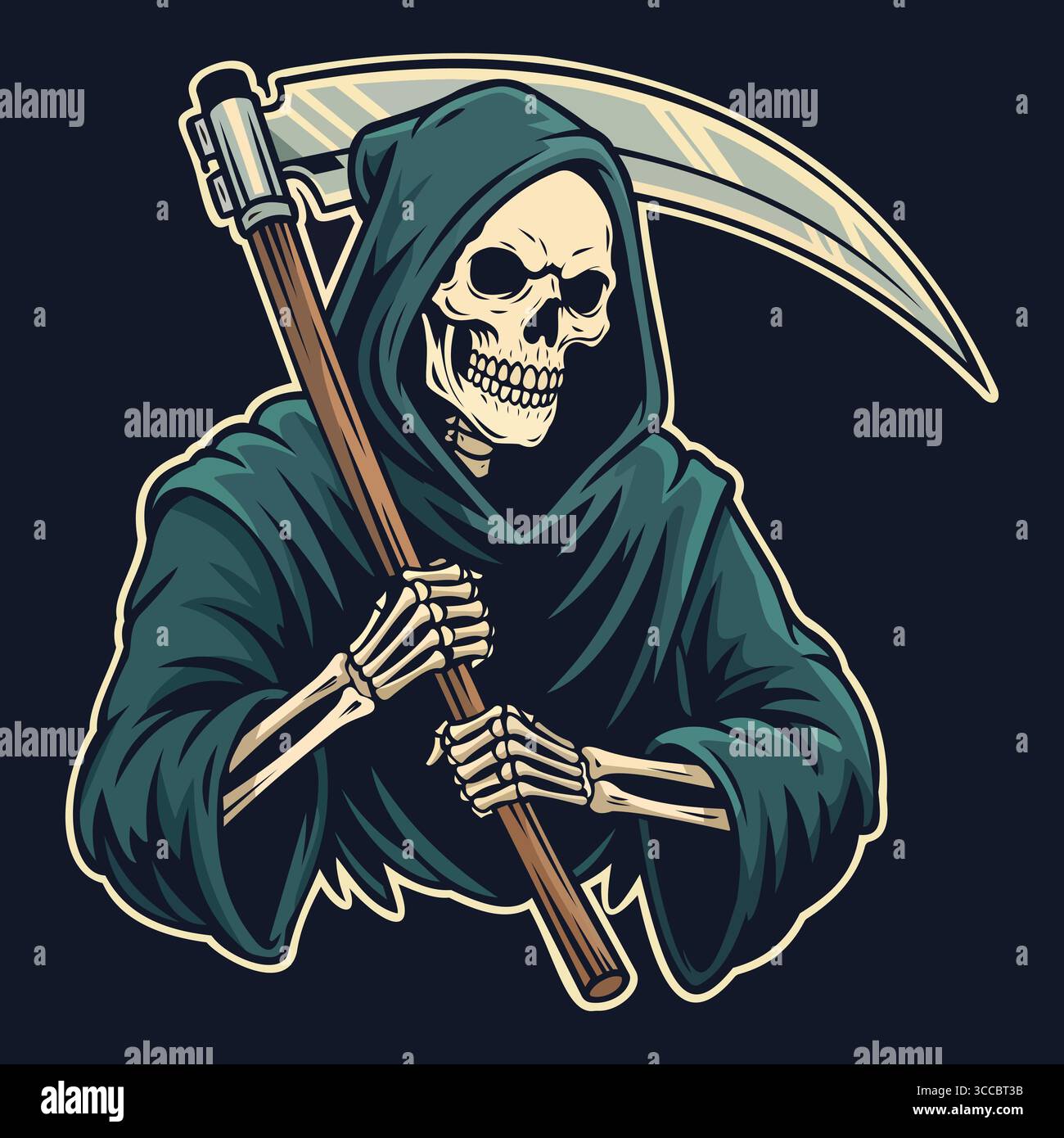 A bold illustration of the grim reaper, featuring a skeletal figure in a dark hooded cloak, holding a large scythe. The design uses a mix of dark and Stock Vector