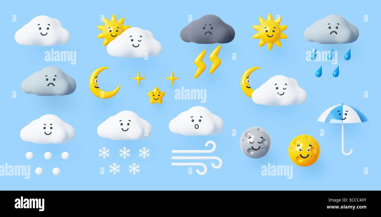 3d weather characters, cartoon vector icon set featuring cheerful and sad clouds, sun, moon, stars, lightning, snow, rain and wind with expressive faces. Funny personages for weather forecast apps Stock Vector