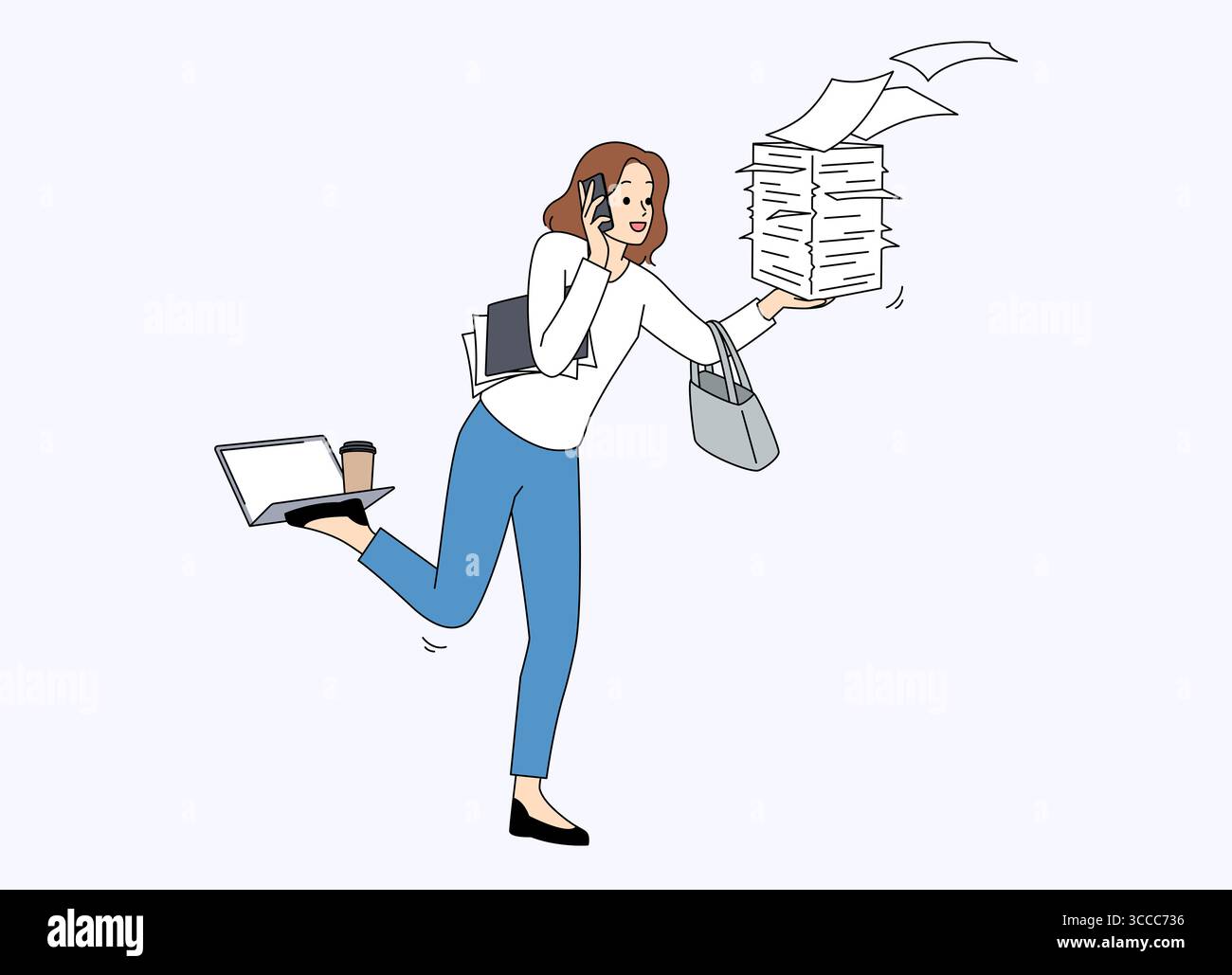 An Energetic and Dynamic Professional Woman Skillfully Managing Tasks and Communication Stock Photo