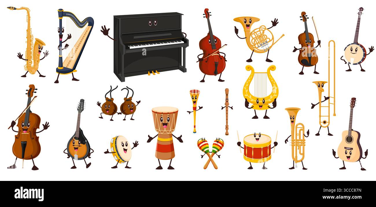Cartoon funny musical instrument characters. Happy guitar, drum, violin ...