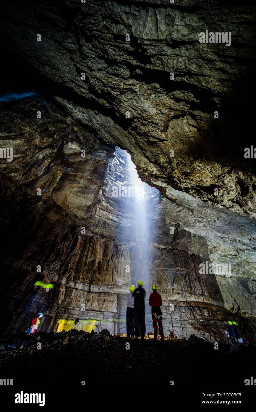 The annual Gaping Gill winch meet is an opportunity for non cavers as well as cavers to be winched down into the cavern to view life underground. Stock Photo