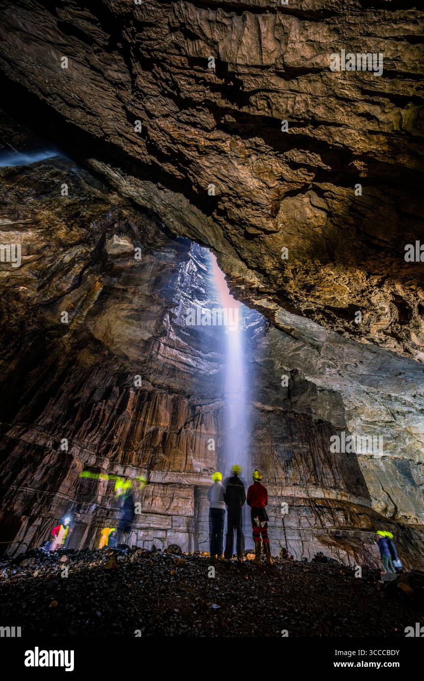 The annual Gaping Gill winch meet is an opportunity for non cavers as well as cavers to be winched down into the cavern to view life underground. Stock Photo