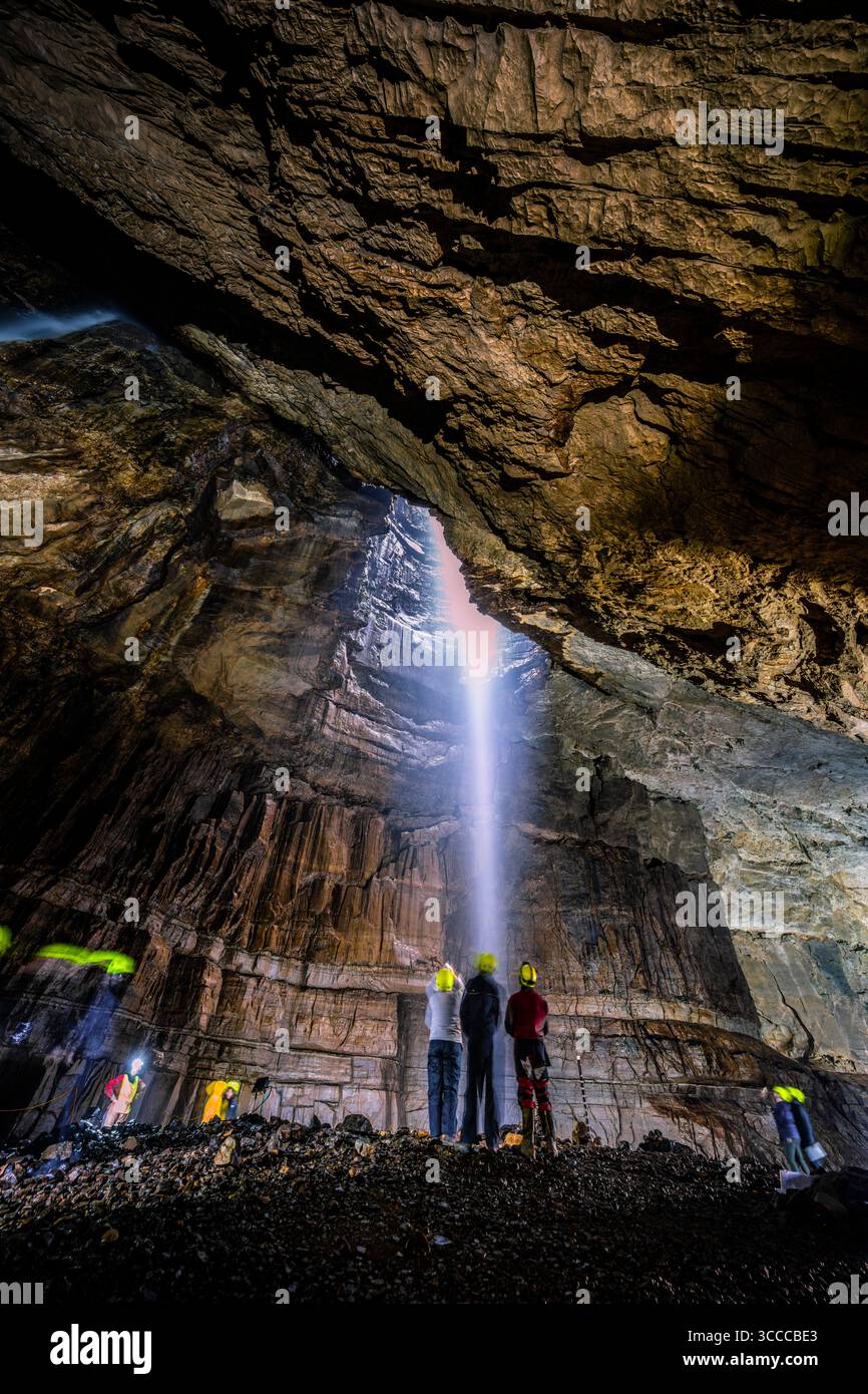 The annual Gaping Gill winch meet is an opportunity for non cavers as well as cavers to be winched down into the cavern to view life underground. Stock Photo
