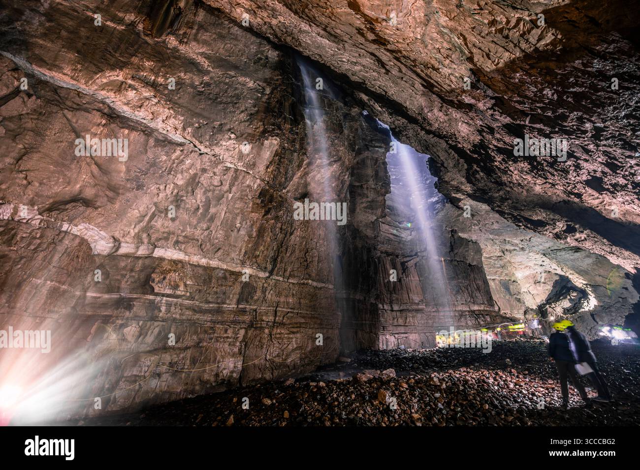 The annual Gaping Gill winch meet is an opportunity for non cavers as well as cavers to be winched down into the cavern to view life underground. Stock Photo