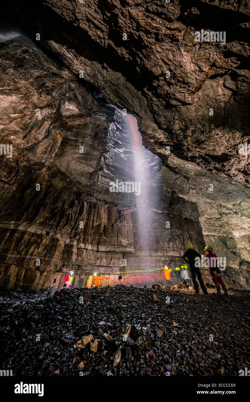 The annual Gaping Gill winch meet is an opportunity for non cavers as well as cavers to be winched down into the cavern to view life underground. Stock Photo