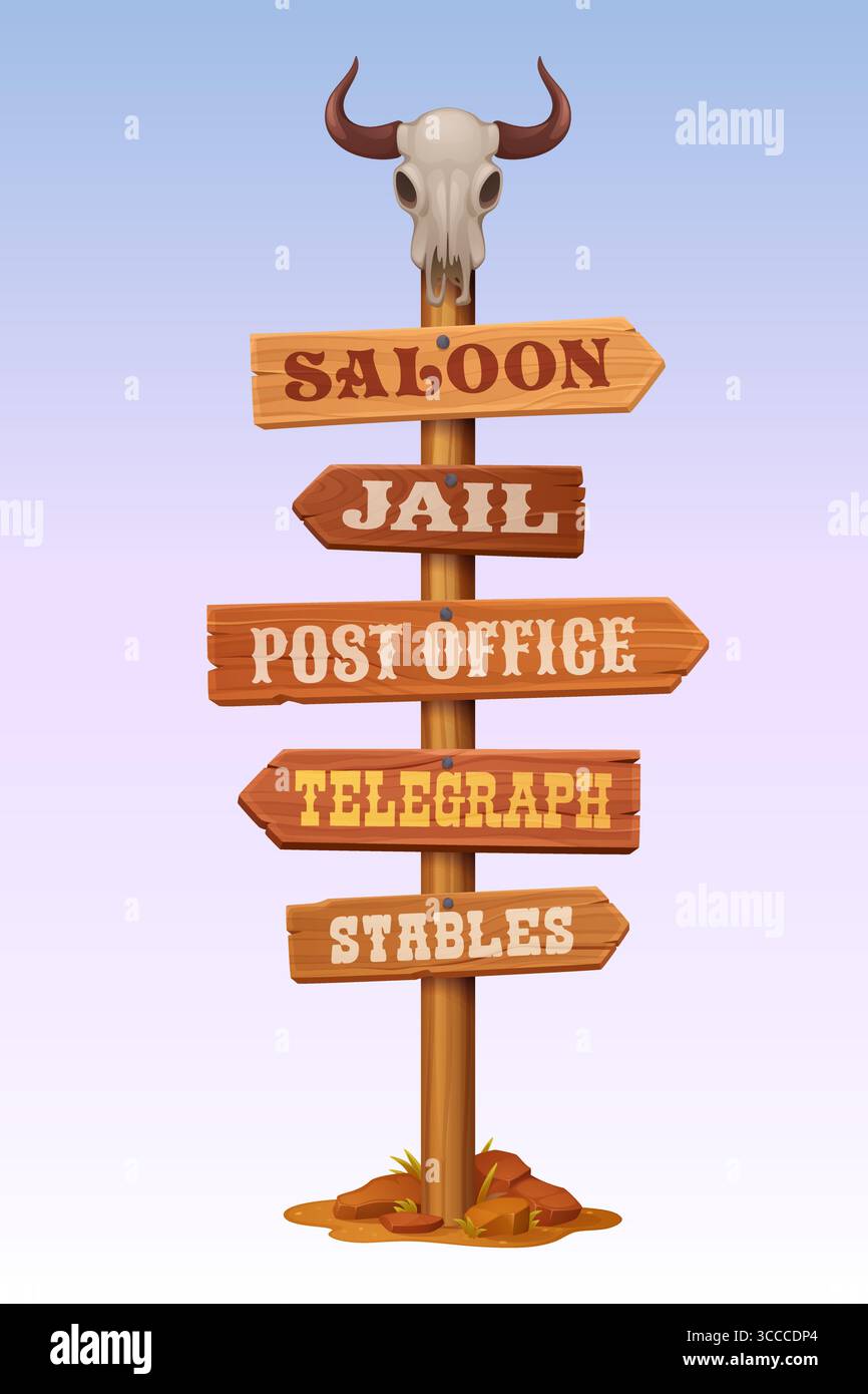 Western signage sign board, Wild West signboard with cartoon wood signs of old wooden planks nailed to post with cow skull. Wild West signpost with Western saloon, post office and jail signboards Stock Vector