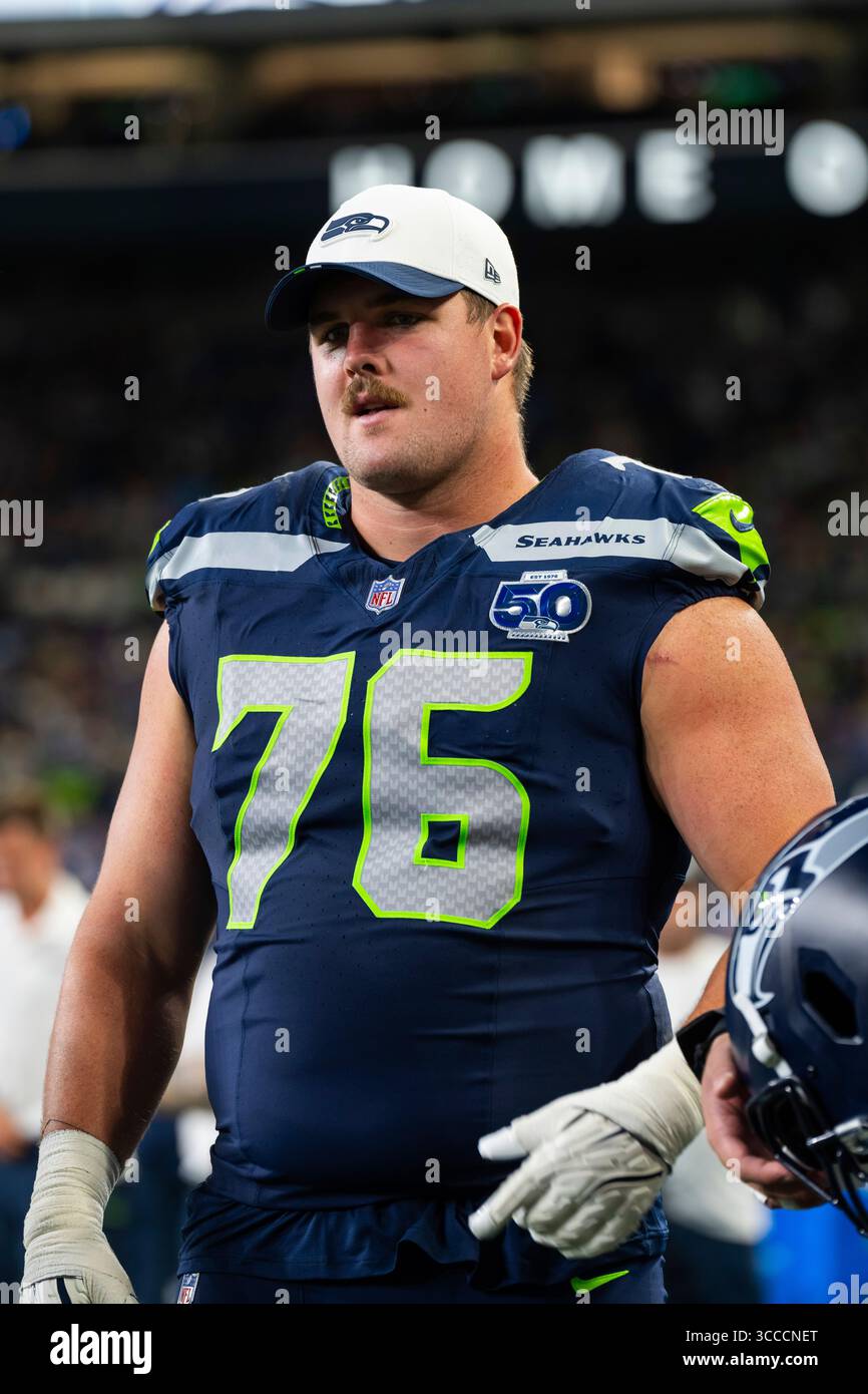 Seattle Seahawks guard Grey Zabel (76) looks on during an NFL pre ...
