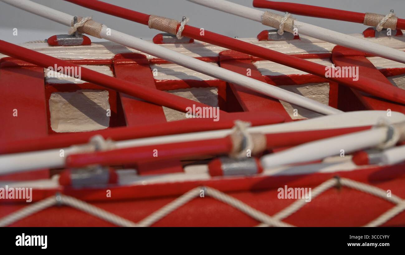 Lifeboat Ropes Interior of a historic lifeboat from the Algarve, featuring traditional ...