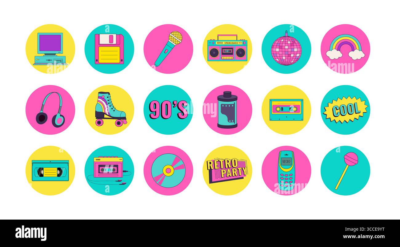 Set of 90s 00s retro device icons in modern pop style. Vintage audio ...