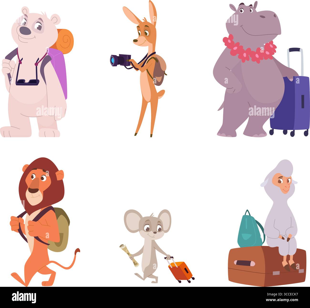 Travel animal. Adventure concept character animals exploring map exact vector animals travellers Stock Vector