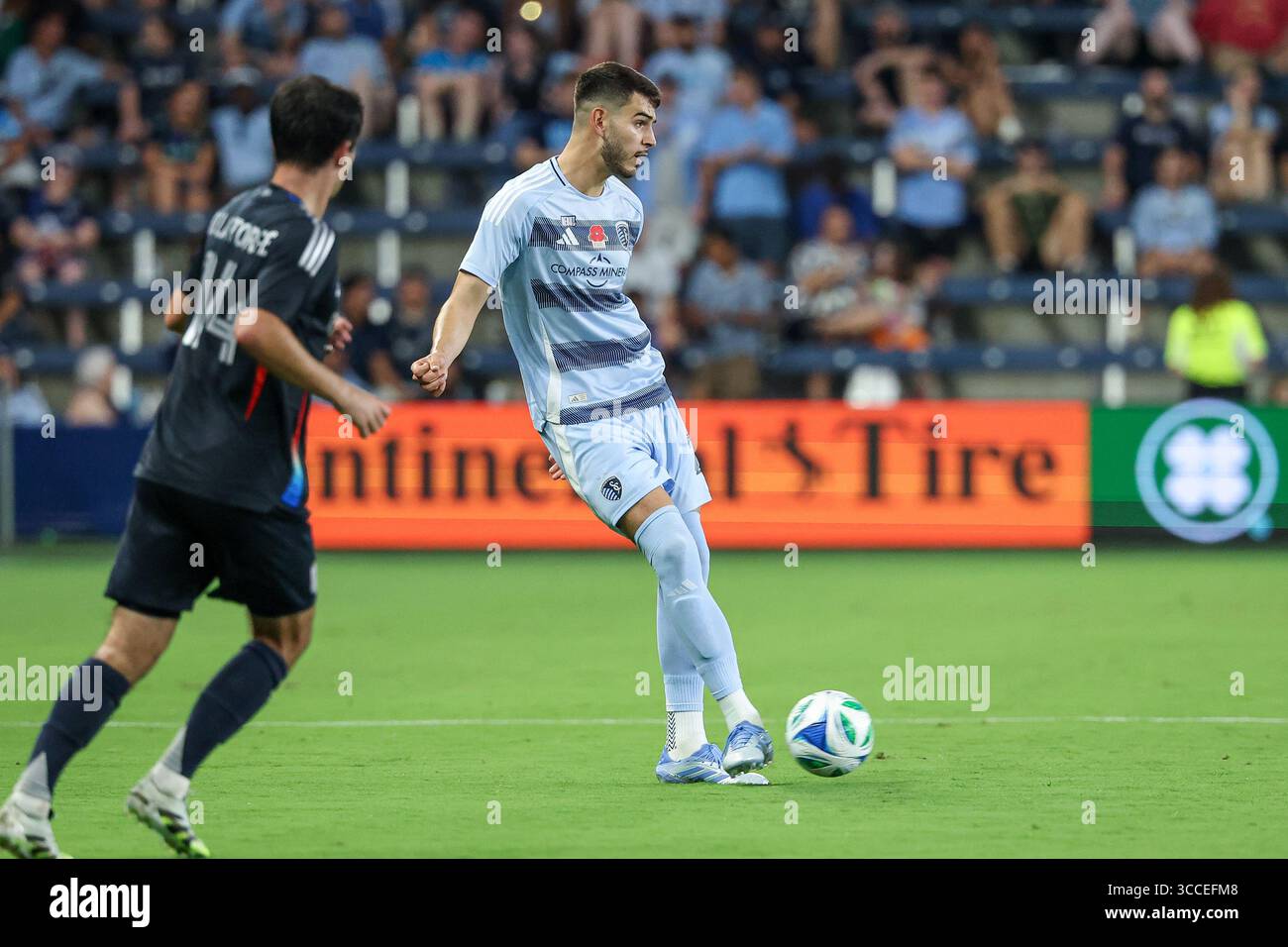 August 9, 2025: Sporting Kansas City defender Alan Montes (23) passes ...