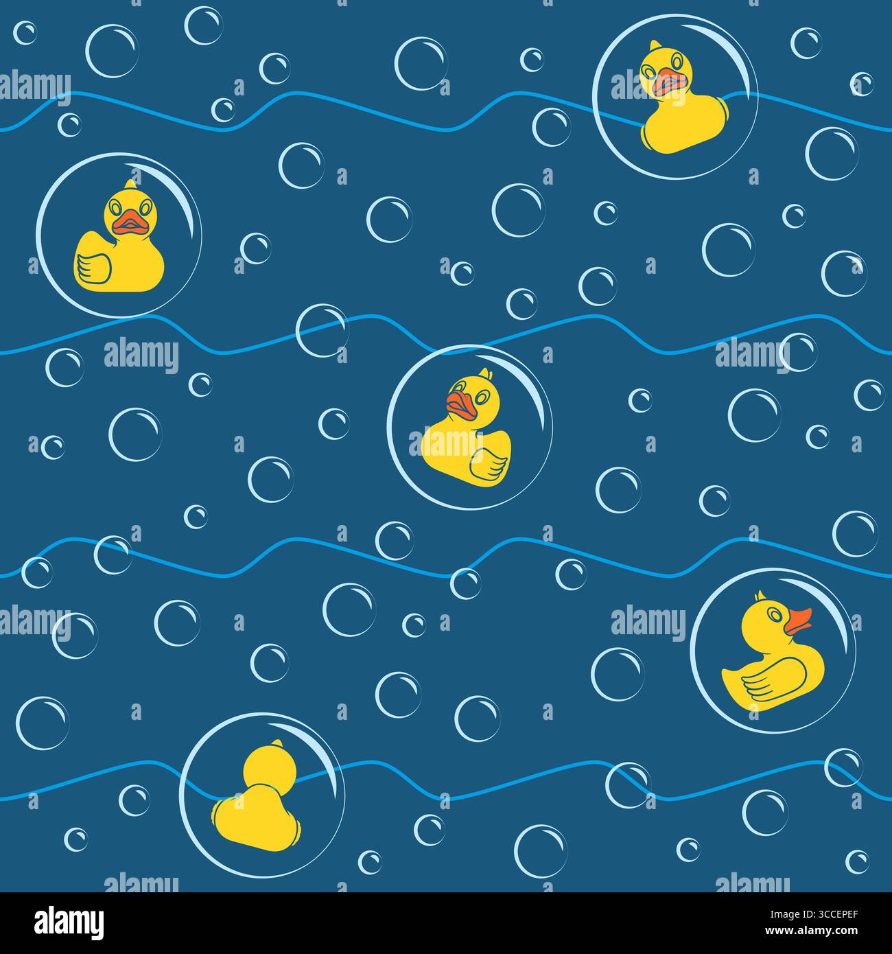 Seamless pattern with yellow toy ducks and bubbles. Colored vector background. Stock Vector