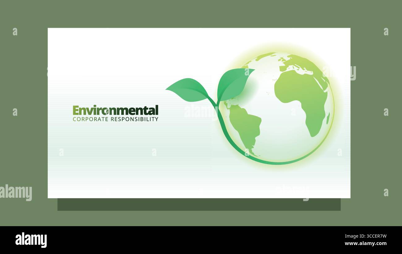 environmental corporate responsability concept. earth globe with green leaf. modern clean style screen size template for web or presentation vector il Stock Vector