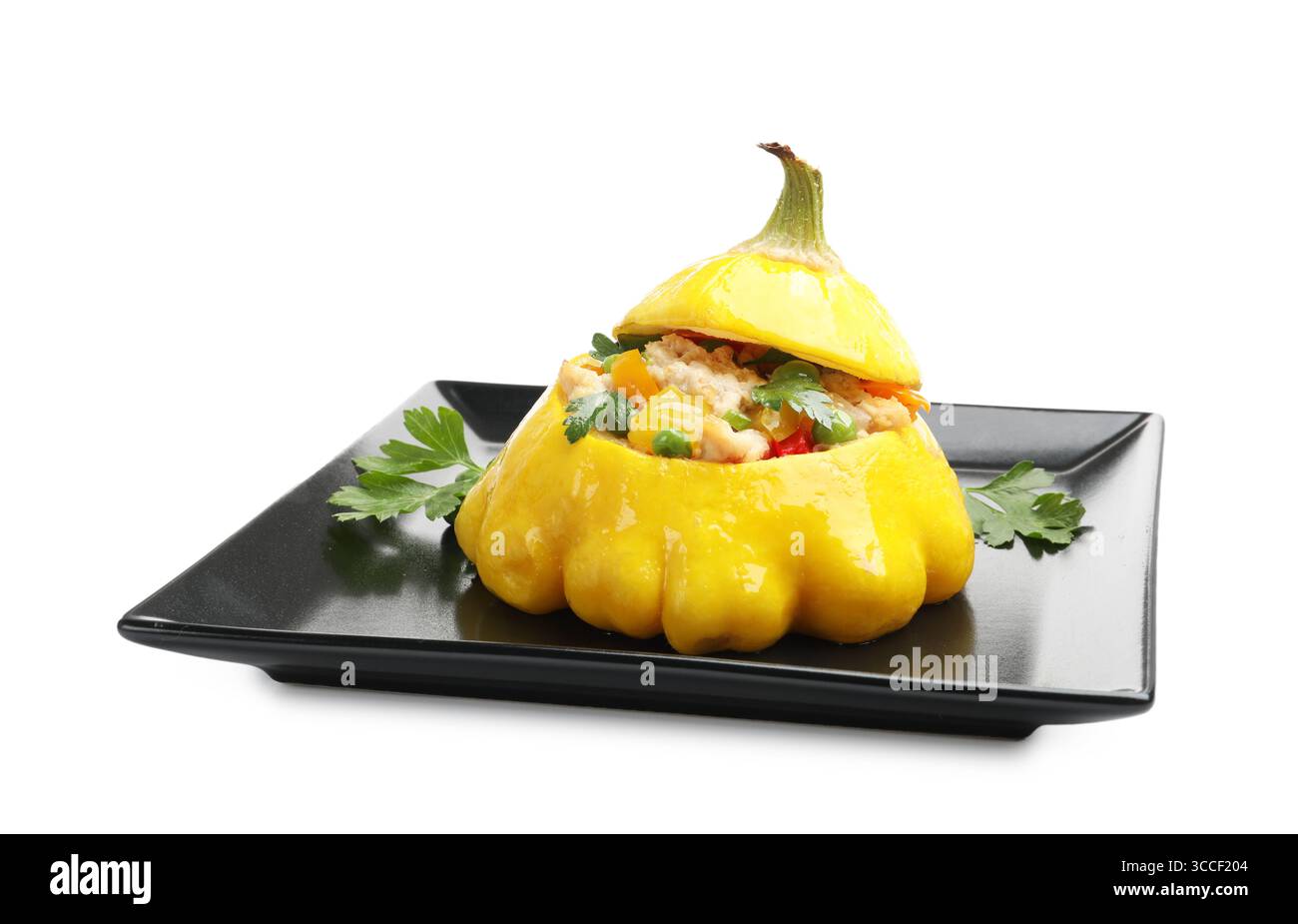Tasty stuffed pattypan squash isolated on white Stock Photo