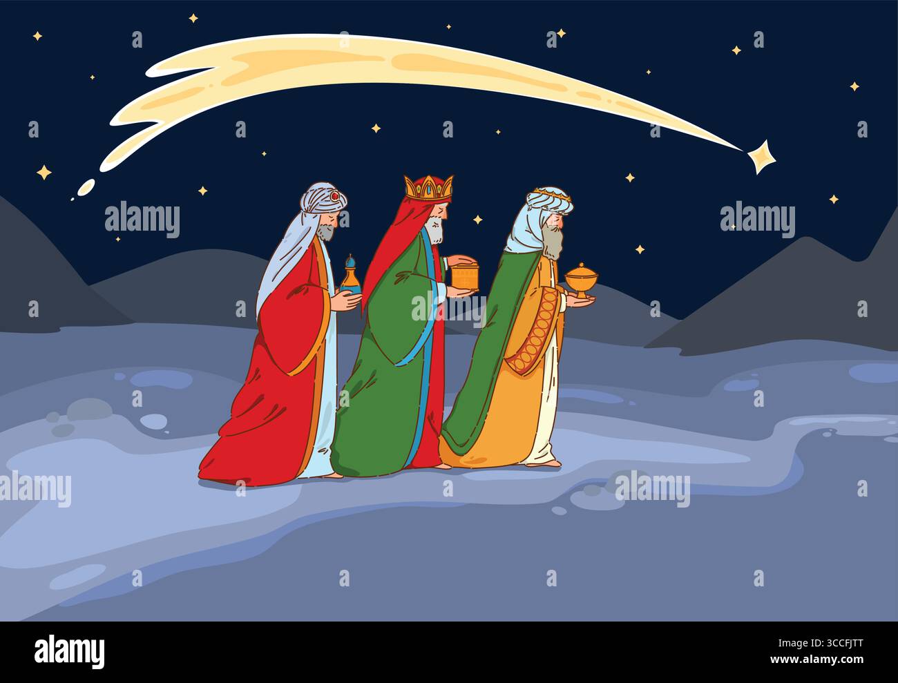 The Journey of the Three Wise Men occurs under a shimmering starry ...